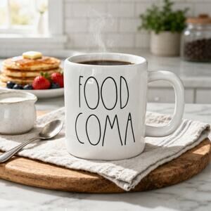 Rae Dunn FOOD COMA Mug White Orange Interior Funny Coffee Cup
